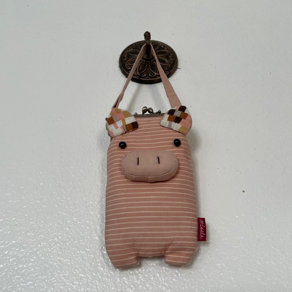 Misala Pink Striped Pig Crossbody Bag Kiss Lock Frame Handmade Pouch‎